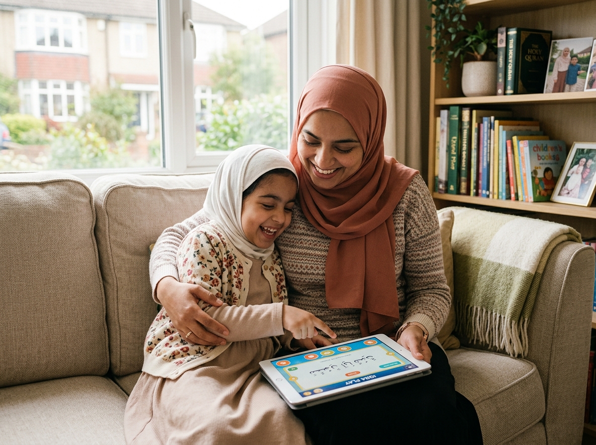 Mother and daughter enjoying Quran learning together at home