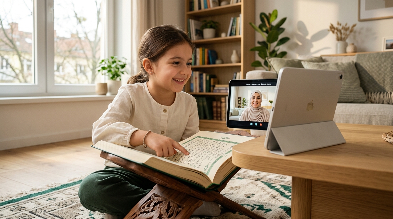 Child happily learning Quran online with a teacher on a tablet