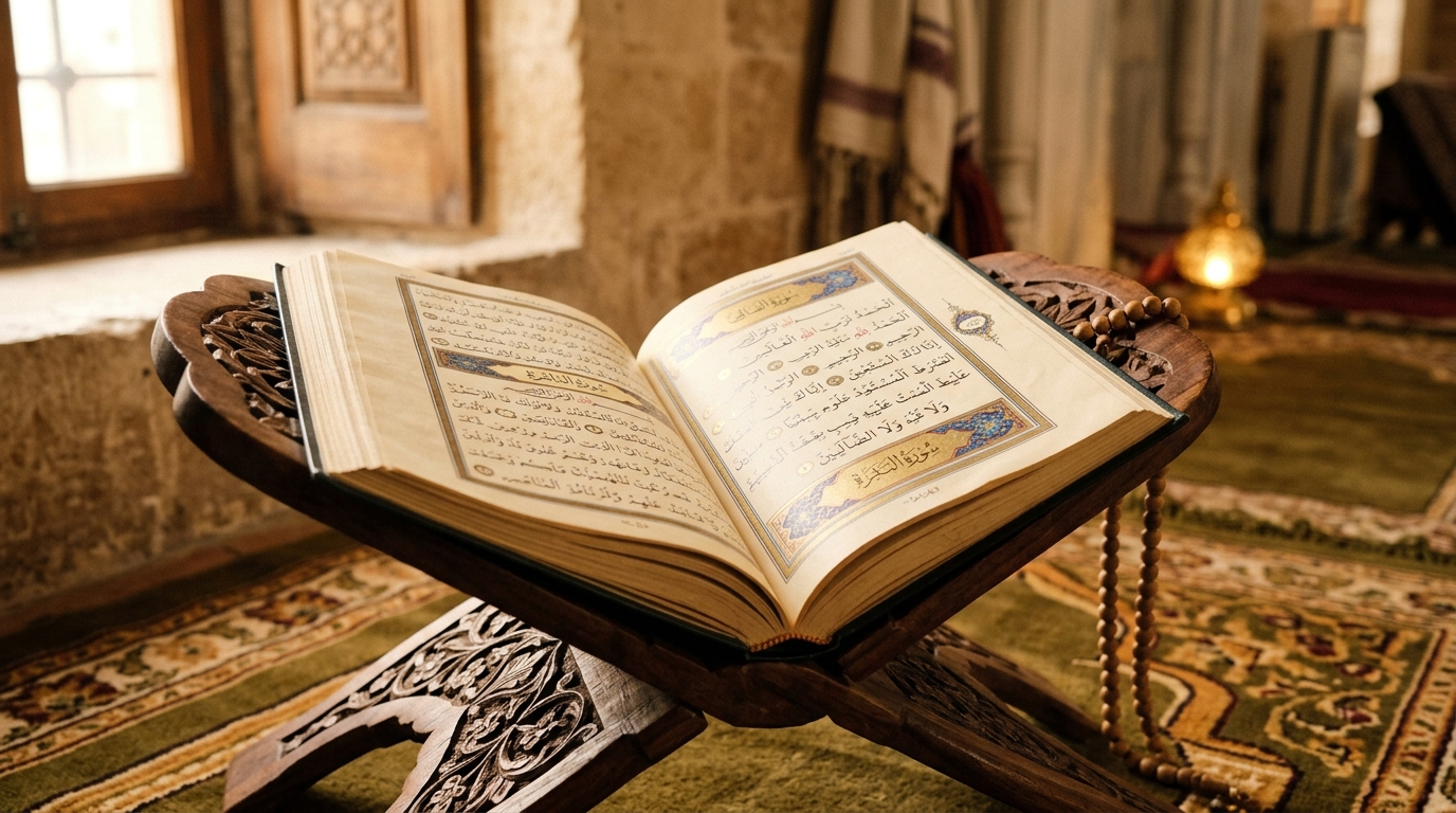 Open Holy Quran on a carved wooden stand