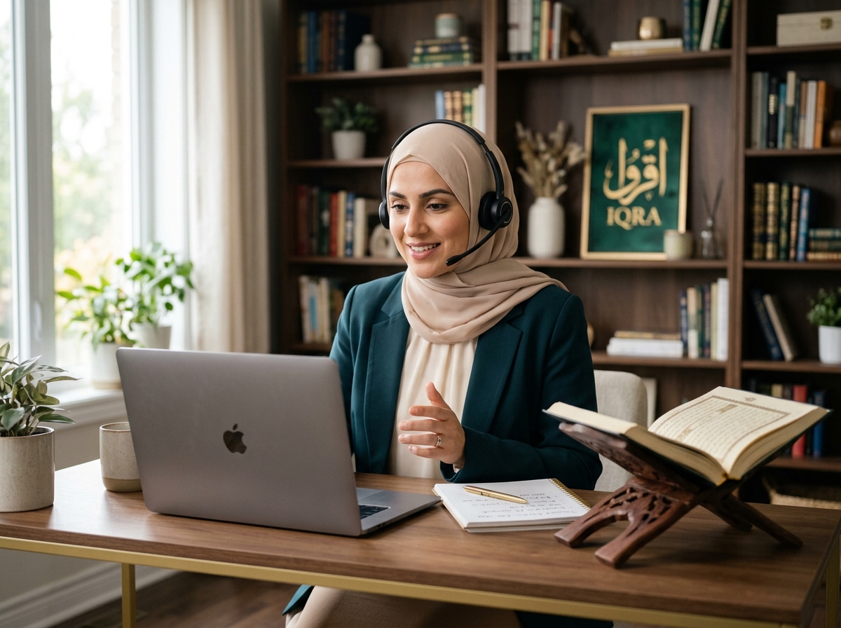 Professional Quran teacher conducting an online class